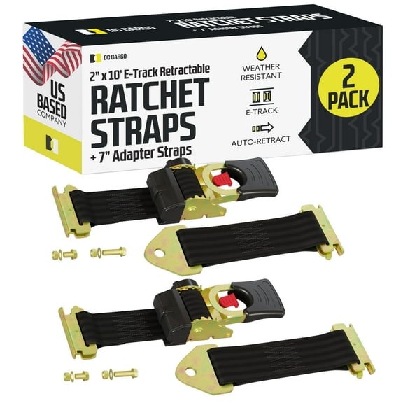 DC Cargo Auto Retract Ratchet Straps 2"x10' Bolt-on or E-Track w/ Etrack, 2-pack