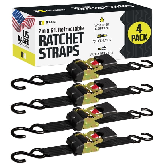 DC Cargo Auto Retract Ratchet Straps 4 pack with Hooks, 2" x 6' ratchet strap