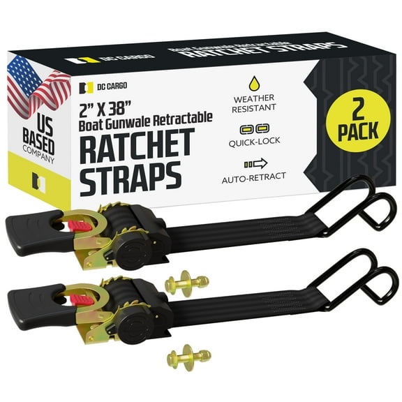 DC Cargo Boat Transom Tie Down Straps 2"x38" Gunwale Retractable Straps 2-pack