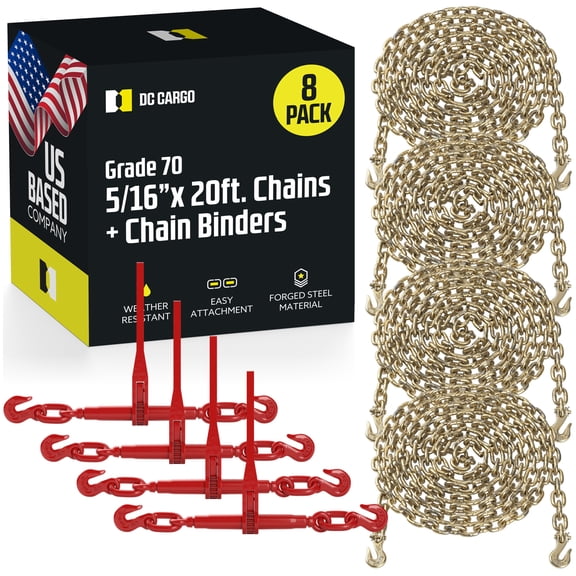 "DC Cargo Mall 5/16” Grade 70 Chain and Load Binder Kit | Includes (4) Binders and (4) Chains | 4,700 lbs. Safe Working Load"