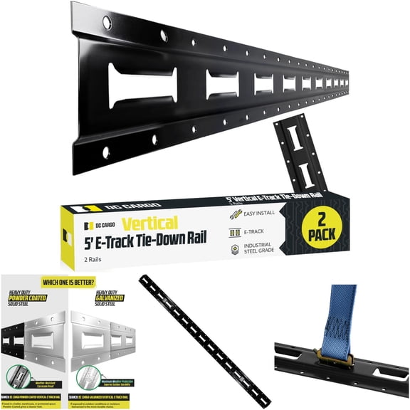 DC Cargo Mall 5VETP2 E-Track Vertical Tie Down Rail Kit 2-Pack for Trucks, Trailers, ATVs, Motorcycles - Powder Coated Black Steel, 5 ft Length, Heavy Duty