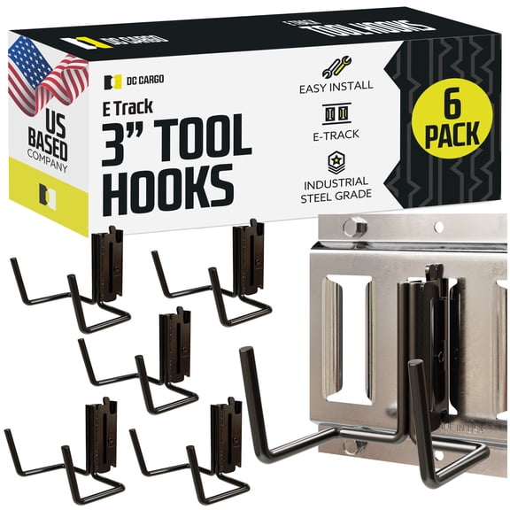 "DC Cargo Mall 6-Pack, Dual-Arm E-Track Hook – Extra Wide Shovel/Tool Hanger, 3” Deep Hooks for Tools - E-Track Accessories for Trucks, Trailers and Warehouses"