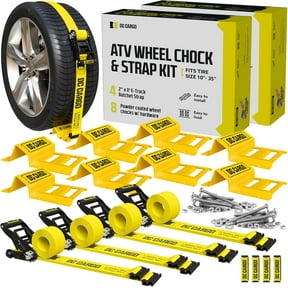 """DC Cargo Mall ATV Wheel Chock & Strap Kit | Trailer Tie Down System for ATVs, UTVs, & Mowers"""