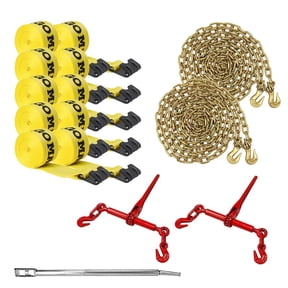 """DC Cargo Mall Flatbed Tie-Down Kit - 15 Pieces: 4 Inch Flatbed Winch Straps, 5/16 Grade 70 Chains, Ratchet Load Binders, and Combination Winch Bar"""