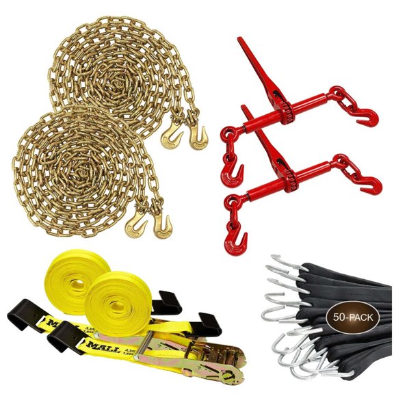 """DC Cargo Mall Flatbed Tie-Down Kit - 56 Pieces: 5/16 Grade 70 Chains, Ratchet Load Binders, 2 Inch Ratchet Straps, 21 Tarp Strap"""