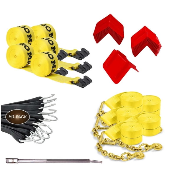 """DC Cargo Mall Flatbed Tie Down Kit for Secure Hauling - 81 Pieces - 4 Inch Flatbed Winch Straps, Tarp Straps, Vee Board Corner Protectors, Combination Winch Bar"""