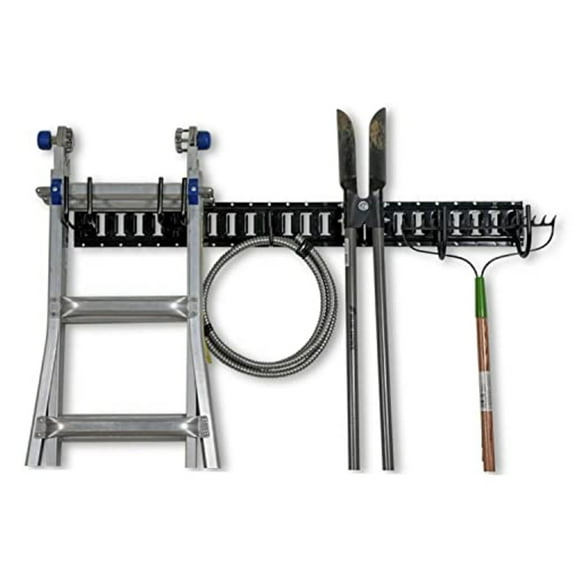 DC Cargo Mall Garage Kit - 7-Piece Tool Storage Rack Set Includes 4' Rail 2 Tool Hangers 4 J Hooks and 8 Hex Head Screws Versatile Heavy Duty Steel Rail for Organizing Home Garage and Garden Tools