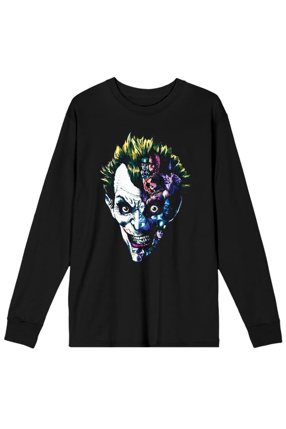 DC Comic Book Joker Face Men's Black Long Sleeve Graphic Tee Shirt- L