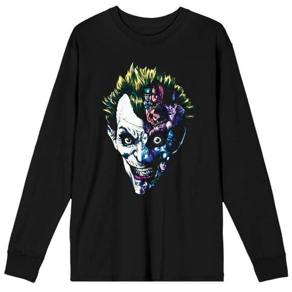 DC Comic Book Joker Face Men's Black Long Sleeve Graphic Tee Shirt- XXL