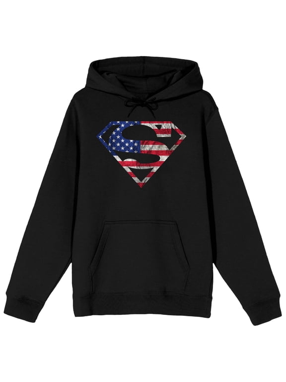 DC Comic Book Superman American Flag Symbol Men's Black Hoodie-XXL