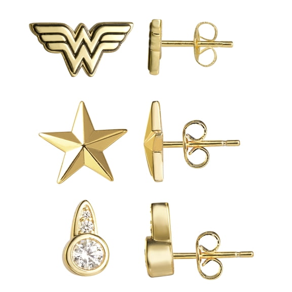 DC Comics Adult Wonder Woman Crystal Gold Plated Stud Earrings Set, 3 Pairs