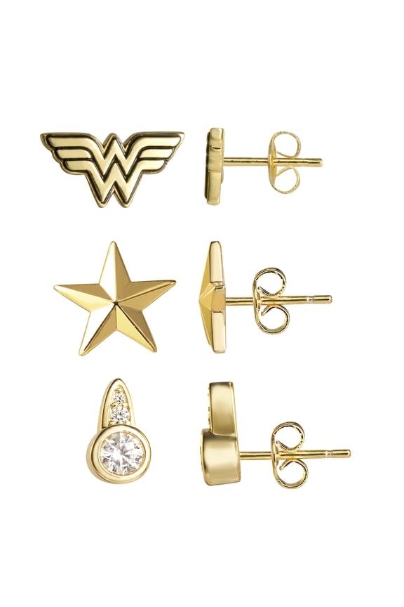Adult Wonder Woman Crystal Gold Plated Stud Earrings Set, 3 Pairs
