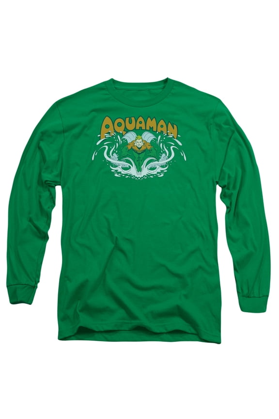 DC Comics Aquaman Splash Long Sleeve Adult 18/1 T-Shirt Kelly Green