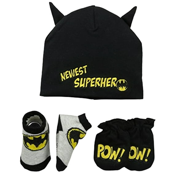 DC Comics Baby Winter Hat Set, Batman Baby Boy Take Me Home Set 3 Piece Hat, Socks and Mittens for Ages 0-3 Months
