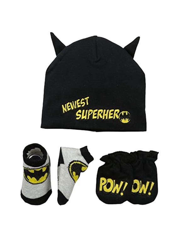Baby Winter Hat Set, Batman Baby Boy Take Me Home Set 3 Piece Hat, Socks and Mittens for Ages 0-3 Months