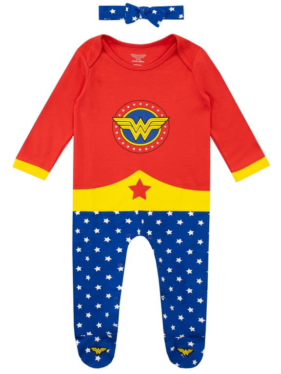 Baby Girls Wonder Woman Footsie And Headband Set Red Sizes 0-18m