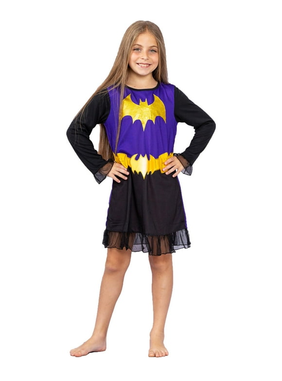 DC Comics Batgirl Girls Nightgown Superhero Pajama Dressy Gown Sleepwear, Black Purple, Size: 6-6X