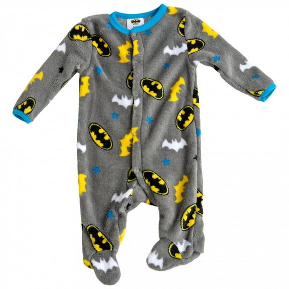 DC Comics Batman Baby Boy Plush Polar Fleece Romper with Footie Sleeper Printed Coverall Grey/Yellow, 3-6 Months