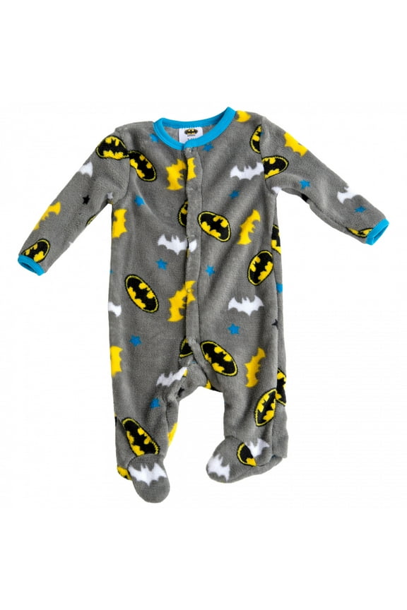DC Comics Batman Baby Boy Plush Polar Fleece Romper with Footie Sleeper Printed Coverall Grey/Yellow, 6-9 Months