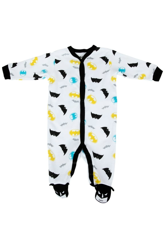 DC Comics Batman Baby Boy Romper with Footie Sleeper Printed Coverall White/Yellow, 0-3 Months