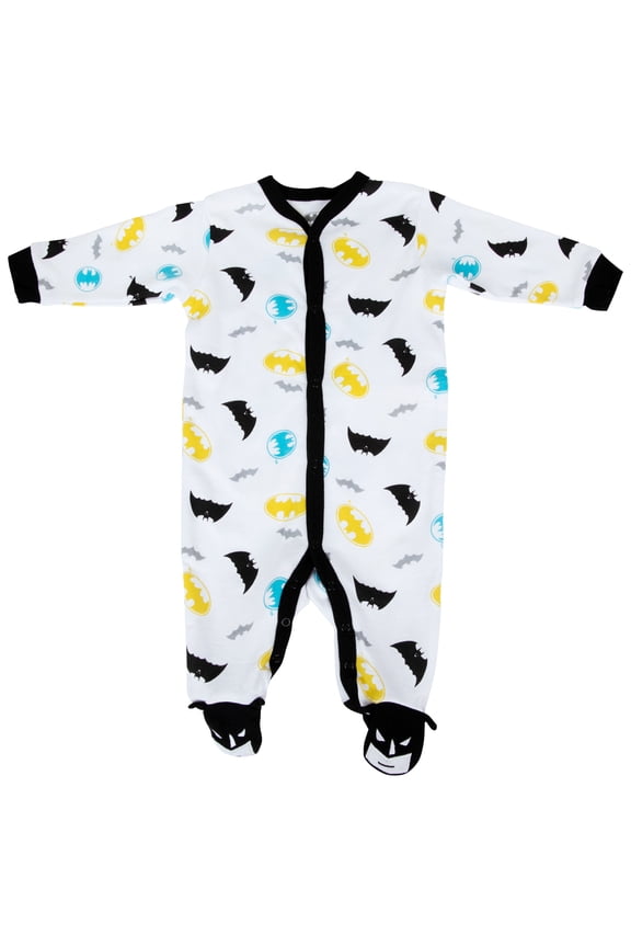 Batman Baby Boy Romper with Footie Sleeper Printed Coverall White/Yellow, 6-9 Months