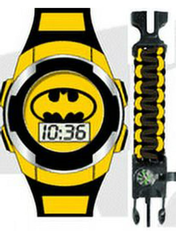 DC Comics Batman Boy's Flashing LCD Black Silicone Watch with Matching Survival Bracelet 2 Piece Set