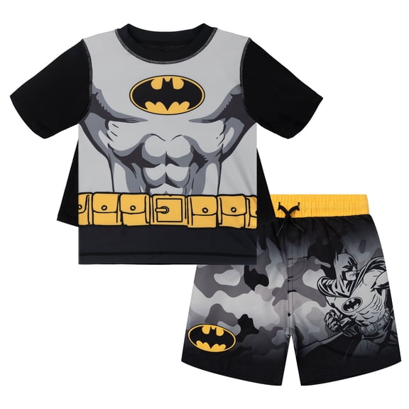 DC Comics Batman Cosplay Rash Guard, Swim Trunks and Detachable Cape UPF 50+ 3 Piece Outfit Set Camo Toddler to Little Kid