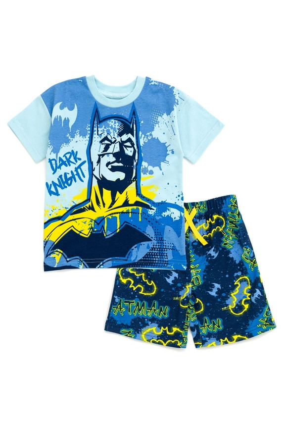Batman Little Boys Drop Shoulder T-Shirt and French Terry Shorts Outfit Set Graffiti Blue 7-8
