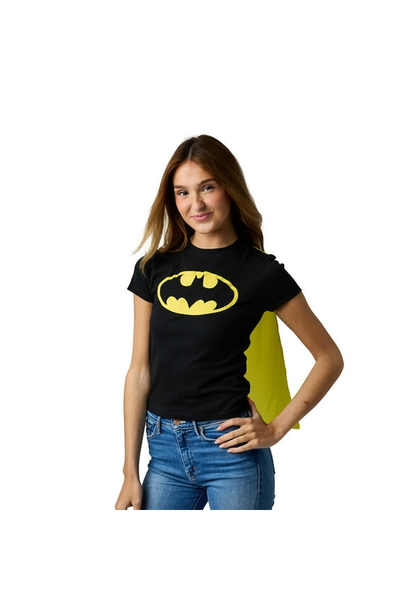 DC Comics Batman Junior's Black Crew Neck Short Sleeve Caped Tee-Medium