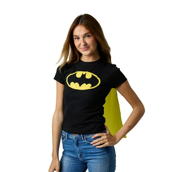 DC Comics Batman Junior's Black Crew Neck Short Sleeve Caped Tee-XL