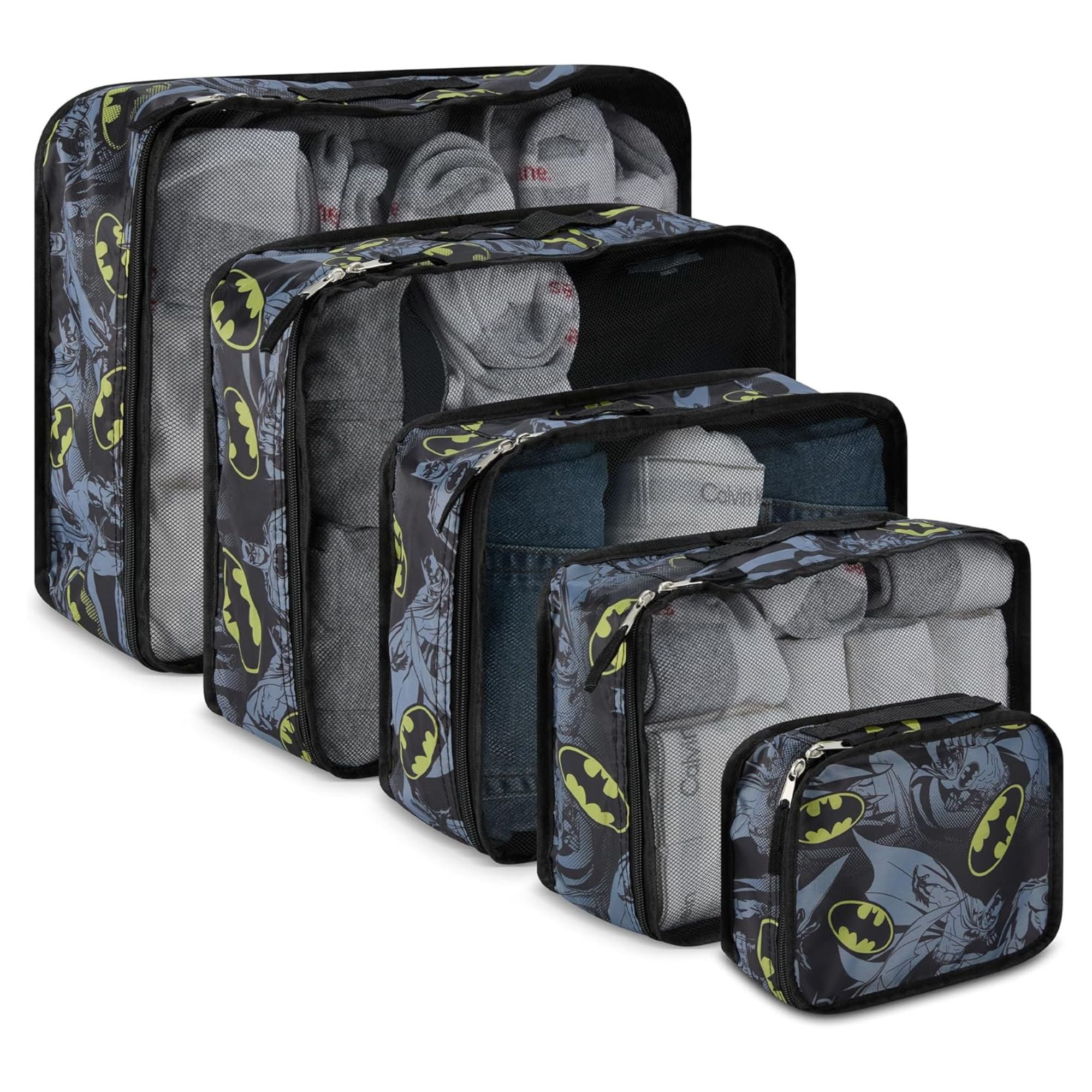 DC Comics Batman Men’s Packing Cubes, 5 Piece Cube Set Suitcase Travel Organizer for Kids and Adult Black