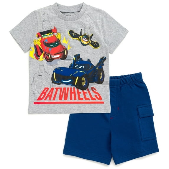 DC Comics Batwheels Batmobile Batwing Redbird Toddler Boys T-Shirt and French Terry Shorts Outfit Set Gray / Blue 3T