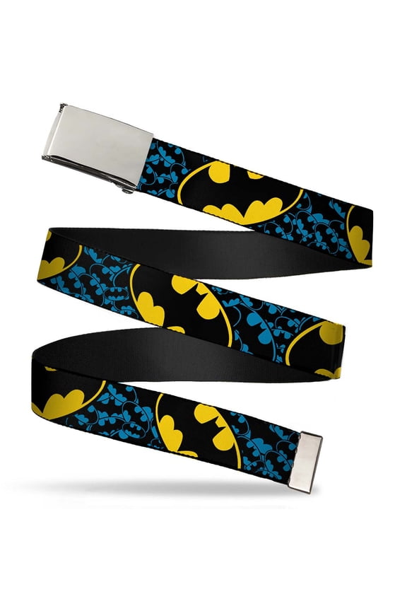 Adjustable Belt, Clamp Buckle, Cut-to-Fit, Bat Signals Stacked Close Up Blue Black Yellow