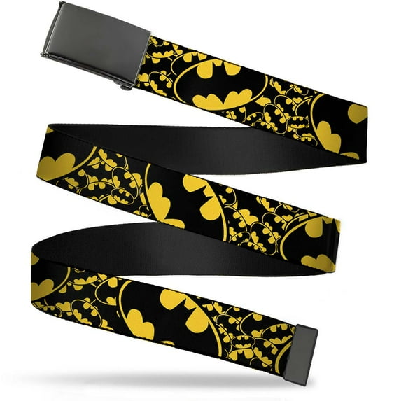 Adjustable Belt, Clamp Buckle, Cut-to-Fit, Bat Signals Stacked Close Up Yellow Black