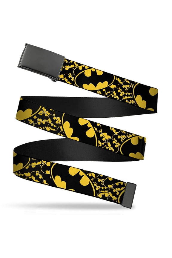 Adjustable Belt, Clamp Buckle, Cut-to-Fit, Bat Signals Stacked Close Up Yellow Black