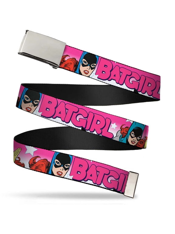 Adjustable Belt, Clamp Buckle, Cut-to-Fit, Batgirl Bubble Letters Stars Pink White