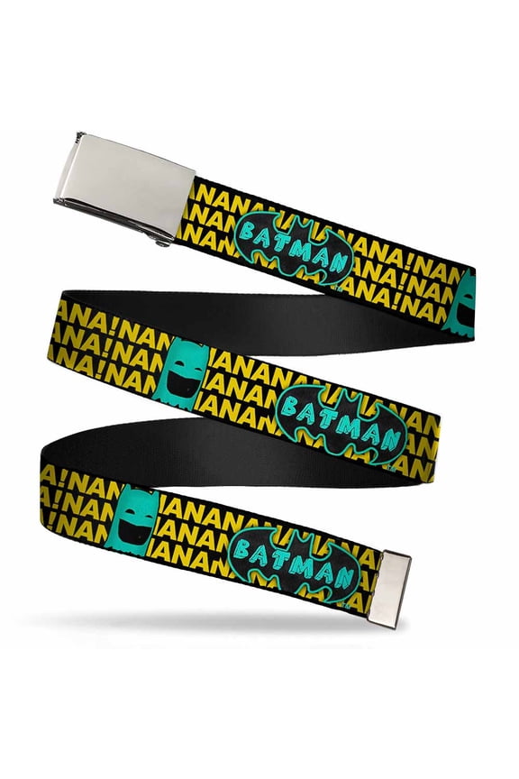 Adjustable Belt, Clamp Buckle, Cut-to-Fit, Batman Face Logo Sketch Nanana Black Yellow Aqua