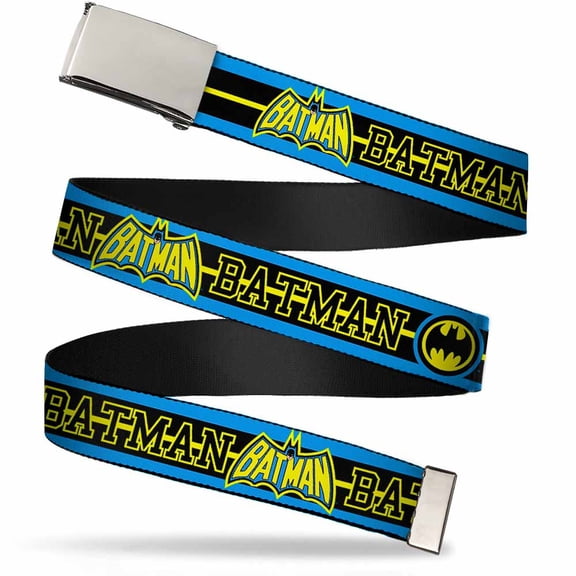 Adjustable Belt, Clamp Buckle, Cut-to-Fit, Batman Retro Logos Stripe Blue Black Yellow
