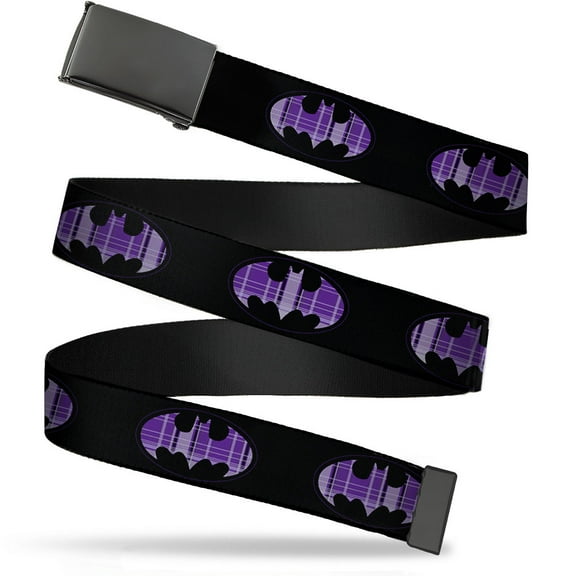 Adjustable Belt, Clamp Buckle, Cut-to-Fit, Batman Signal Black Purple Plaid