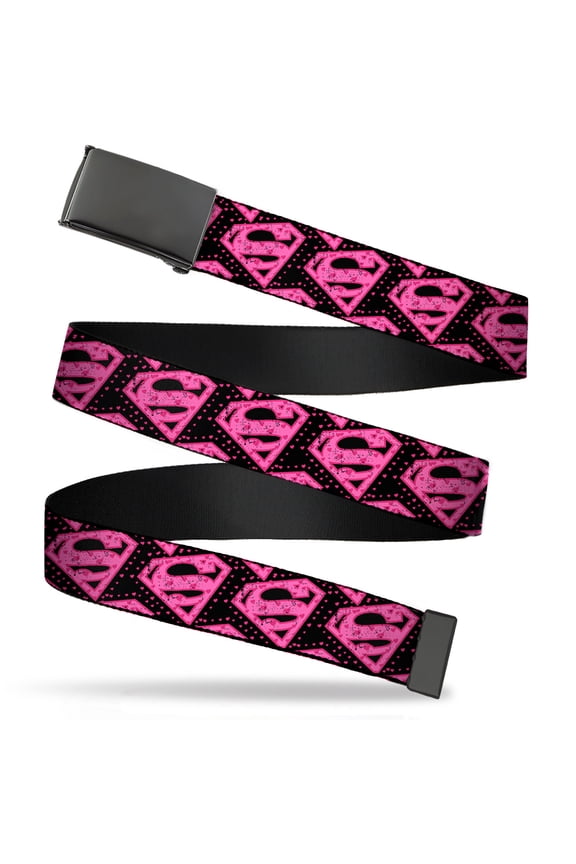Adjustable Belt, Clamp Buckle, Cut-to-Fit, Diagonal Superman Logo Hearts Black Pink