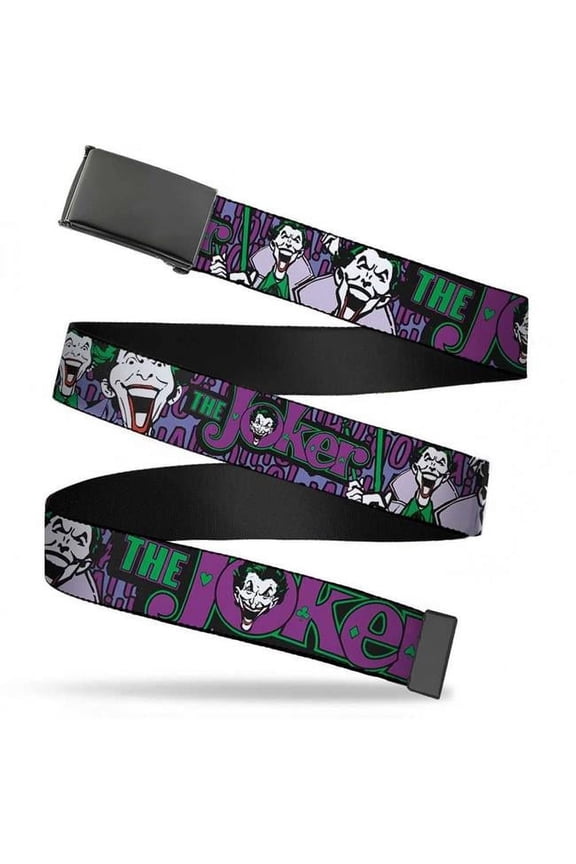 DC Comics Belt, Flip Web Belt Joker Face Logo Spades Black White Purple, 1.0 Inch Wide, Youth up to Size 20