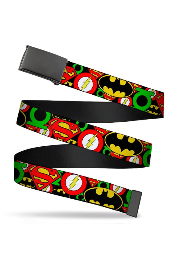 Adjustable Belt, Clamp Buckle, Cut-to-Fit, Justice League Stacked Logos