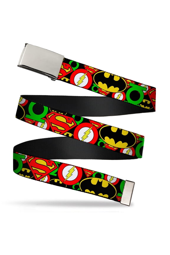 Adjustable Belt, Clamp Buckle, Cut-to-Fit, Justice League Stacked Logos