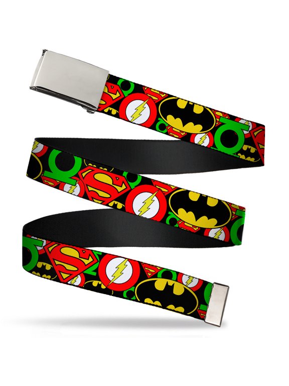 Adjustable Belt, Clamp Buckle, Cut-to-Fit, Justice League Stacked Logos