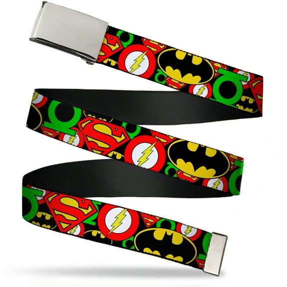 Adjustable Belt, Clamp Buckle, Cut-to-Fit, Justice League Stacked Logos