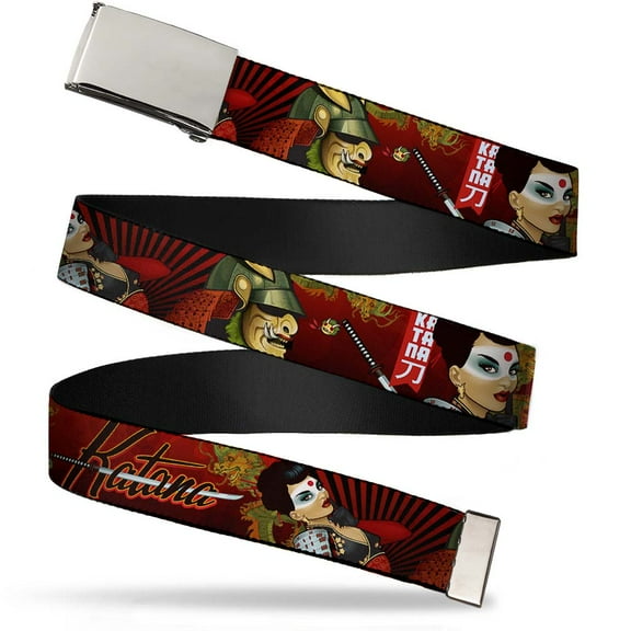 Adjustable Belt, Clamp Buckle, Cut-to-Fit, Katana Poses Samurai Dragons Rays Reds Black