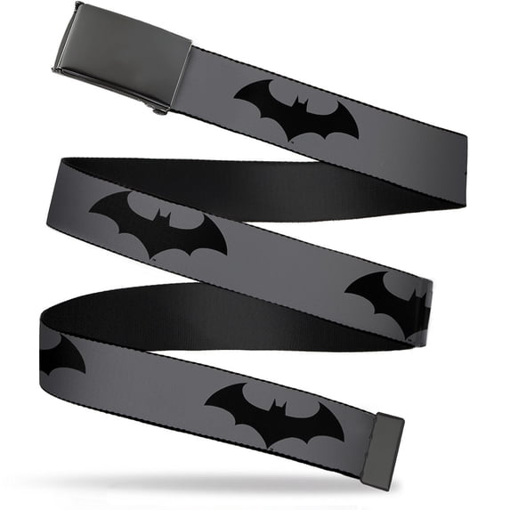 Adjustable Belt, Clamp Buckle, Cut-to-Fit, Retro Bat Logo Gray Black