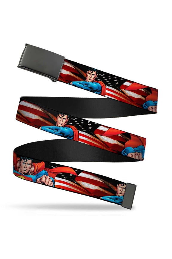 Adjustable Belt, Clamp Buckle, Cut-to-Fit, Superman Poses American Flag