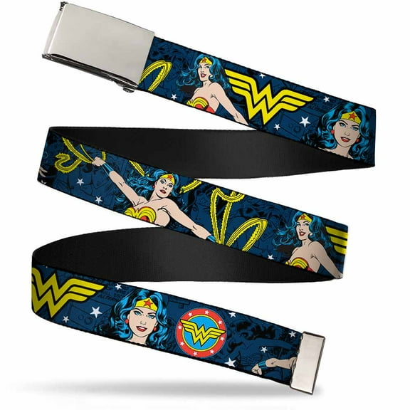 Adjustable Belt, Clamp Buckle, Cut-to-Fit, Wonder Woman Face Poses Logos Comic Scenes Blues Yellow