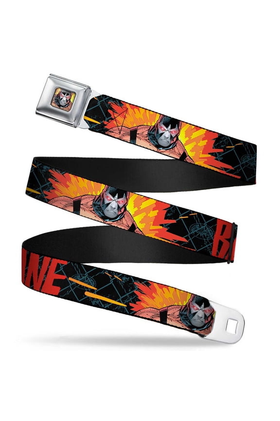 Belt, Seatbelt Buckle Belt, Bane Pose Explosion Bat Signal Chanlink Black Gray Reds, 34 to 52 Inches